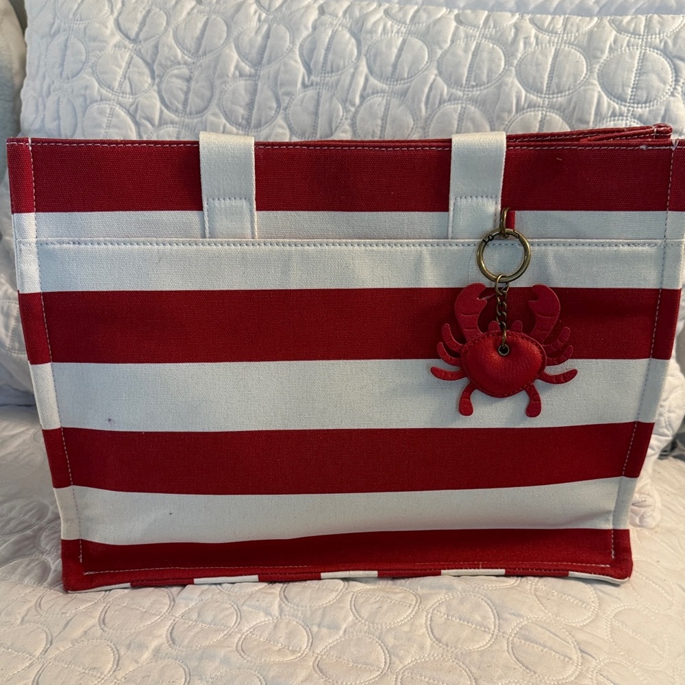 Red and White Striped Tote Bag with Crab Charm